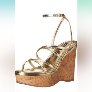 NWT gold Nine West 4.76” wedges, sz 7.5, ankle strap, cork bottom; with box